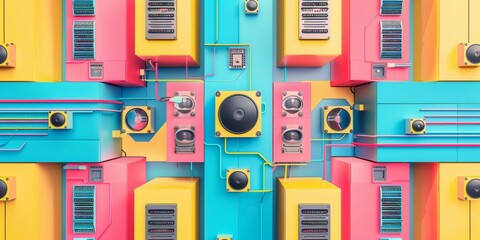 Poster - Vibrant Data Center Pattern Showcasing Servers, Cables, and Cooling Systems in Bright Hues