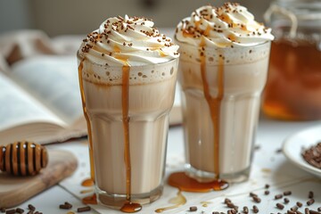 Wall Mural - Two glasses of chocolate milk with caramel drizzle on a table