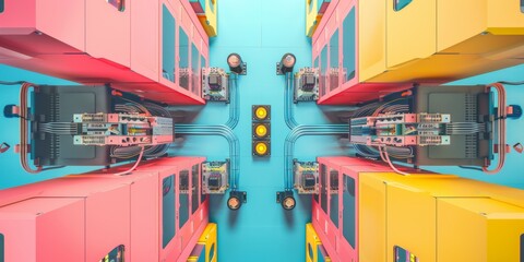 Poster - Intricate Data Center Server Setup Showcasing Colorful, High-Tech Data Storage Equipment Under Artificial Light