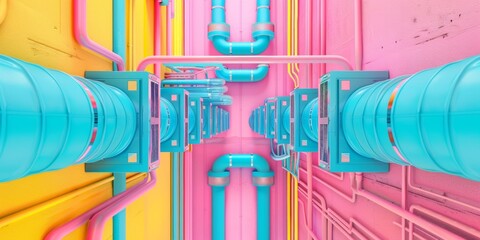 Poster - Vibrant Data Center Infrastructure Illustration Depicting Servers, Cables, and Cooling Pipes in a Complex Network