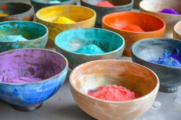 Wall Mural - Assorted vibrant powder pigments in ceramic bowls, concept for art and creativity