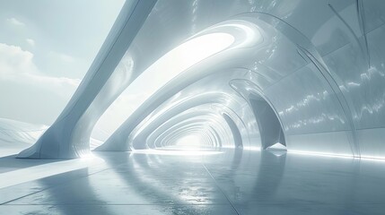 Design a futuristic sci-fi corridor with a curved ceiling and reflective floor. The walls should be made of glass and the ceiling should be lit by a soft, glowing light.