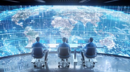 Poster - Cybersecurity Team in High-Tech Control Room Monitoring Global Networks, Protecting Industrial Data Against Cyber Threats
