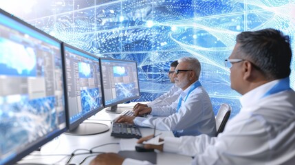 Poster - Diverse Cybersecurity Team Monitoring Data Across Multiple Screens in a High-Tech Office Environment