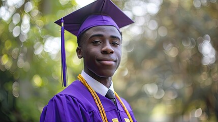 Sticker - Portrait. Happy African American man wearing a purple graduation gown with cap and yellow gold cord, outdoors.