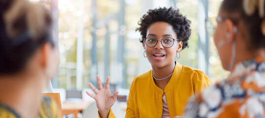 a  of a job interview taking place in a bright, airy office, with the candidate gesturing confidently while explaining their points, Discussion, Talking, Job Intervie