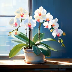 Poster - Orchid plant sitting on a windowsill, AI-generated.