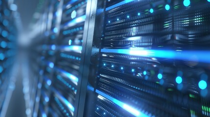 Poster - Modern Data Center Infrastructure with Vibrant Server Lights - Hi-Tech Facility Illustrating Data Flow and Industry Importance