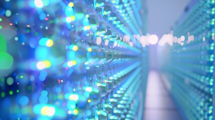 Poster - High-Tech Data Center with Rows of Servers Illuminated by Blue and Green Lights Signifying Active Data Exchange in a Modern Industry Setting