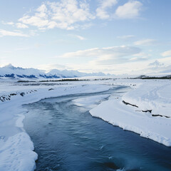 Canvas Print - Tranquil River Flowing Through a Frosty Winter Landscape