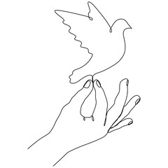 Wall Mural - Hand holding flying dove continuous line drawing. Peace linear symbol. Vector hand drawn illustration isolated on white.