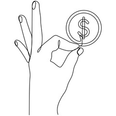 Wall Mural - Hand holds coin continuous one line drawing art. Dollar linear symbol. Savings and investment money concept. Vector illustration isolated on white.