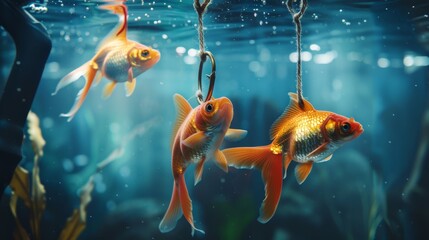 Three goldfish on a fishhook.