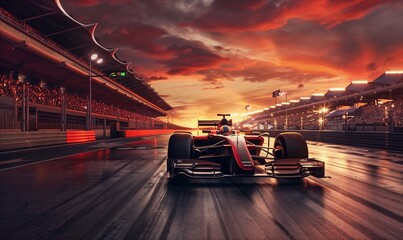 Dramatic Shot of F1 Car Driving Towards Camera on Empty Race Track with Cheering Fans in Background at Sunset