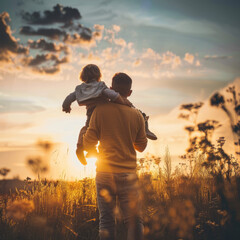 Sticker - Fathers day. Back view of a little child boy sitting on his fathers shoulders holding hands and looking into the distance enjoying sunset. Father walking with son outdoors