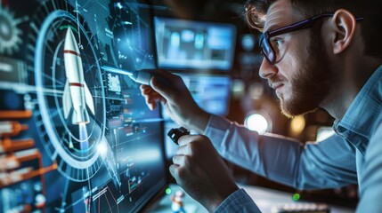 Engineer working on futuristic aerospace project, analyzing a rocket design on a high-tech computer screen in a modern laboratory.
