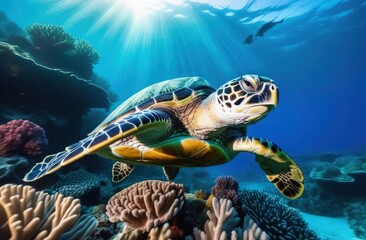 Wall Mural - Underwater landscape with corals and big turtle