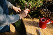 © Serena Burroughs/Stocksy - female farmer working in a greenhouse with pinecones for holiday decor