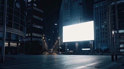 Wall Mural - A large blank billboard in the center of an empty city square at night, illuminated by soft white light. Minimalist and modern atmosphere blank white advertising billboard mockup.