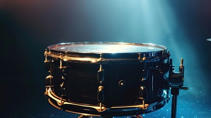 close-up, snare drum, percussion instrument against a dark background with stage lighting