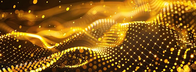 Wall Mural - Abstract digital data background. Golden and neon color. Wave with moving dots. Musical stream of sounds. 3D rendering technology.