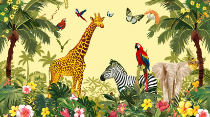 Jungle, tropical illustration. Tiger, parrots, giraffe, zebra, elephant, palm trees, flowers. Safari wild African animals