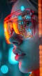 © BoOm - Close-up of a person wearing futuristic augmented reality glasses, reflecting digital interfaces in a neon-lit environment.