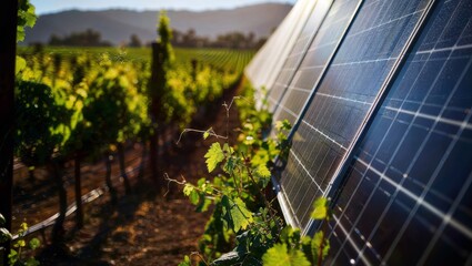 Solar panels integrated into a vineyard showcase agrovoltaics, combining agriculture and renewable energy for sustainable farming.