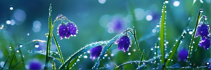 Green wild grass, tiny flowers and dewdrops. The banner.