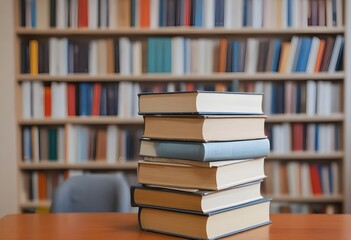 A stack of books on a table in front of a bookshelf