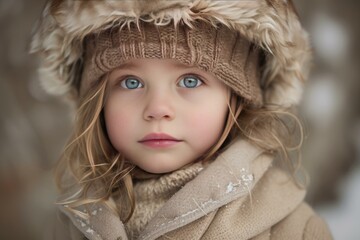 Wall Mural - Closeup of a young girl with striking blue eyes, wearing a fur hat in a snowy setting