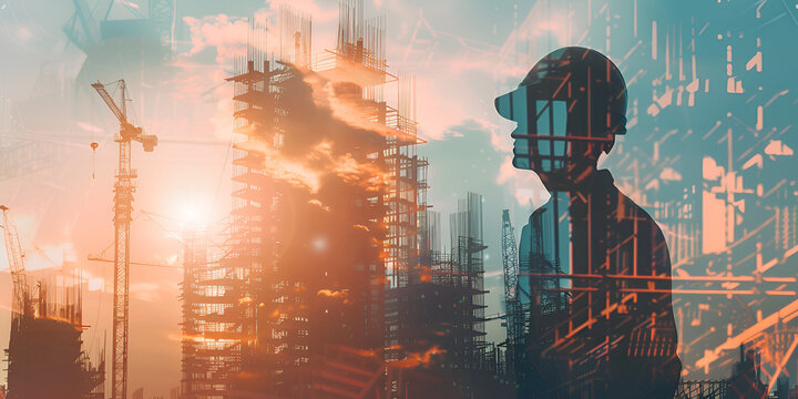 Future building construction engineering project concept with double exposure graphic design Building engineer architect people or construction worker working with modern civil equipment