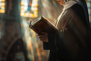 Wall Mural - A woman nun reads the bible in the temple
