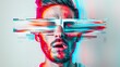 © Login - In the painting, the eyes are smeared on the man's face. The glitch effect image has a psychedelic, whimsical and abstract look. The concept of a man's mental health. Illustration for varied design.