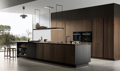 Wall Mural - A modern minimalistic kitchen with an island