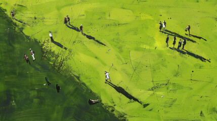 Wall Mural - A painting depicting a group of people walking in a vast field under a clear blue sky