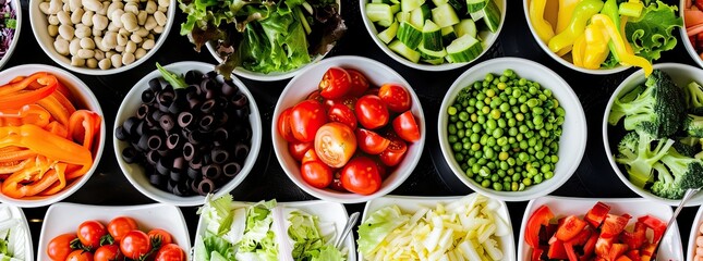 Canvas Print - variety of healthy foods, including different types of vegetables, are grouped together in bowls on a black table.