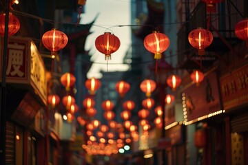 Poster - Captivating image of red chinese lanterns glowing in a bustling street at twilight