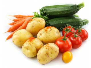 Freshly Baked Vegetables: Potatoes, Tomatoes, Carrots, and Zucchini on a White Background