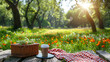 © CreativeArt - A sunlit picnic blanket spread on the grass in a scenic park, with trees and benches in the background during a sunny day.