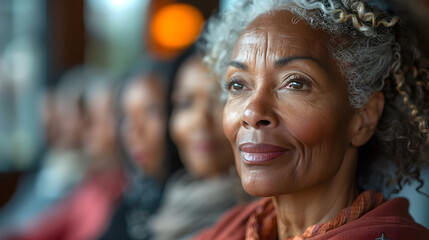 Wall Mural - Close-up of an Elderly Woman with Gray Hair Looking Up and to the Right, with Other People Blurred in the Background