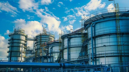 Wall Mural - Large cylindrical oil refinery tanks with metal railings and ladders, set against a backdrop of a bright blue sky with clouds.
