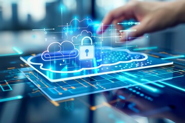 Canvas Print - Innovative cloud security with advanced data protection and glowing blue circuitry, highlighted by blue and green elements and a tech themed design