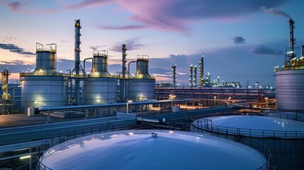 Wall Mural - An expansive oil refinery with large storage tanks and complex pipelines under a colorful sunset sky.