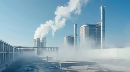 Wall Mural - Smoke rises from the chimneys of an industrial plant under a clear blue sky. The facility has multiple large tanks, pipes, and smokestacks.