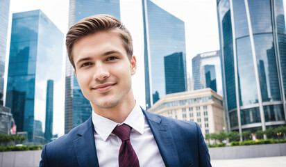 AI generated illustration of a young businessman in a business plaza surrounded by skyscrapers