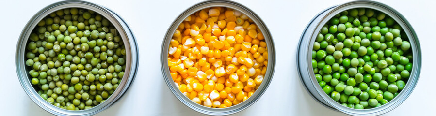 3 different tins of mixed corn and green peas, isolated on white background, top view.