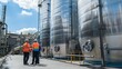 © Emiliia - Two workers in safety gear inspect large stainless steel tanks at a chemical plant. Clear blue sky and industrial structures visible.