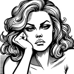 Wall Mural - expressive sorrow on young sad woman face in a vintage style sketch engraving generative ai fictional character PNG illustration. Scratch board imitation. Black and white image.