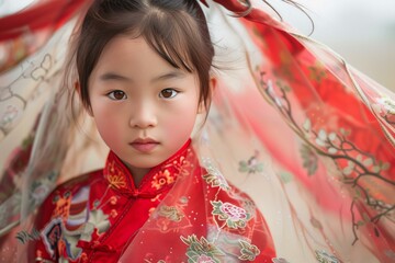 Sticker - Serene young girl dons a red traditional cheongsam dress with an ornate floral pattern